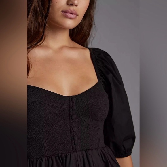 Anthropologie Maeve Black Puff-Sleeve Button-Front Mini Dress - Picture 4 of 8